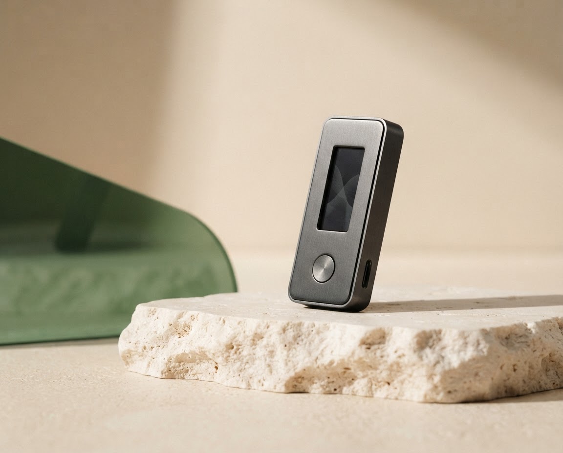 Graphite hardware wallet device displayed on a softly lit stone plinth