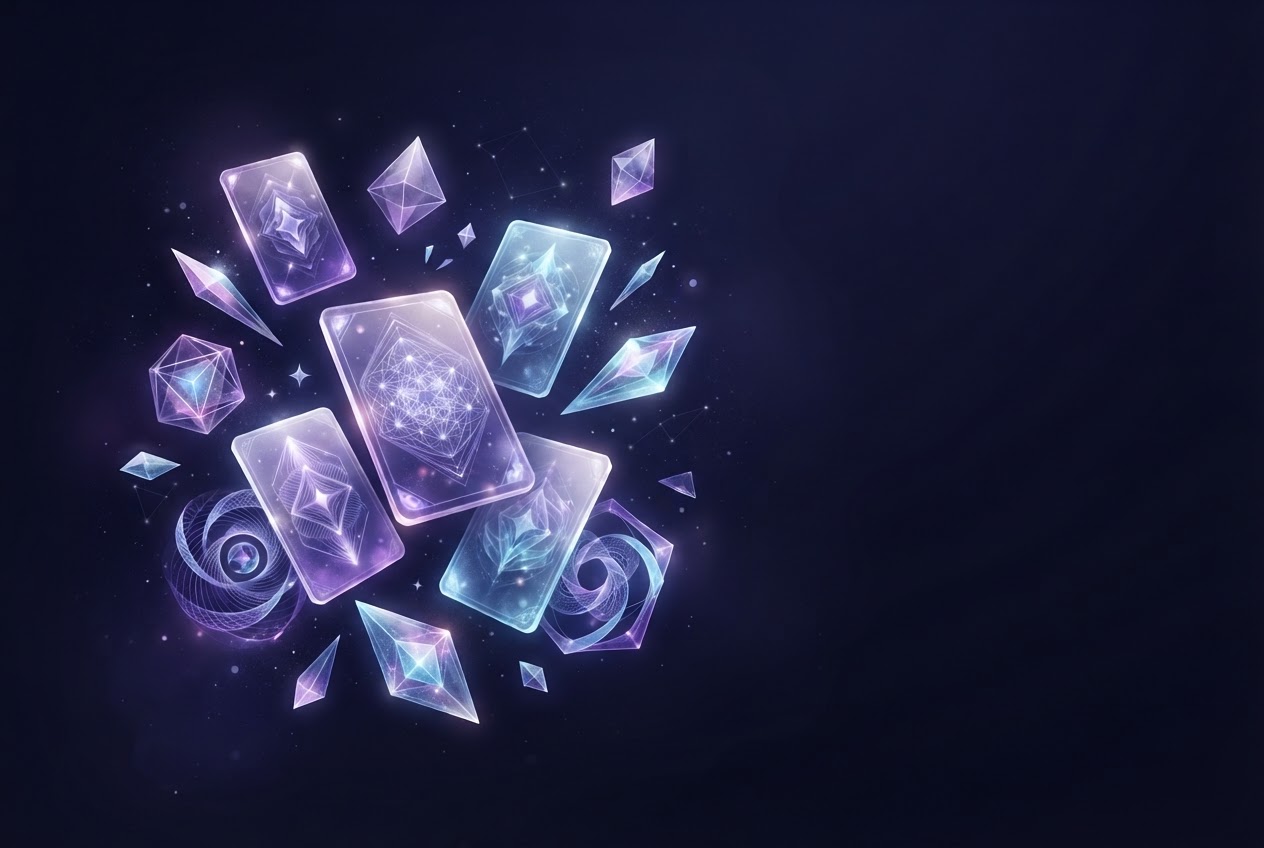 Floating violet and lilac digital collectible cards