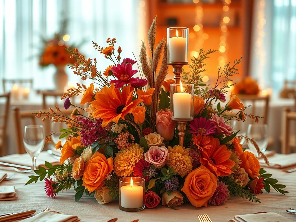 A close up of a unique centerpiece featuring vibrant flowers,