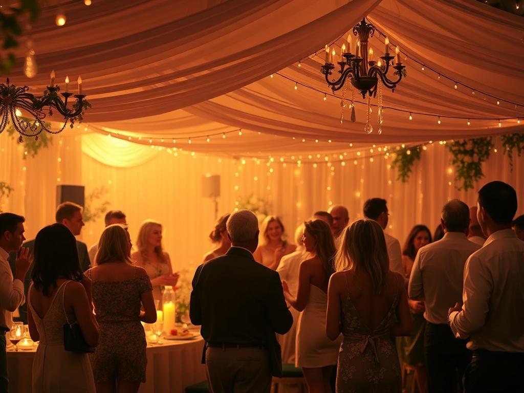 A serene scene depicting a joyful celebration, with guests mingling