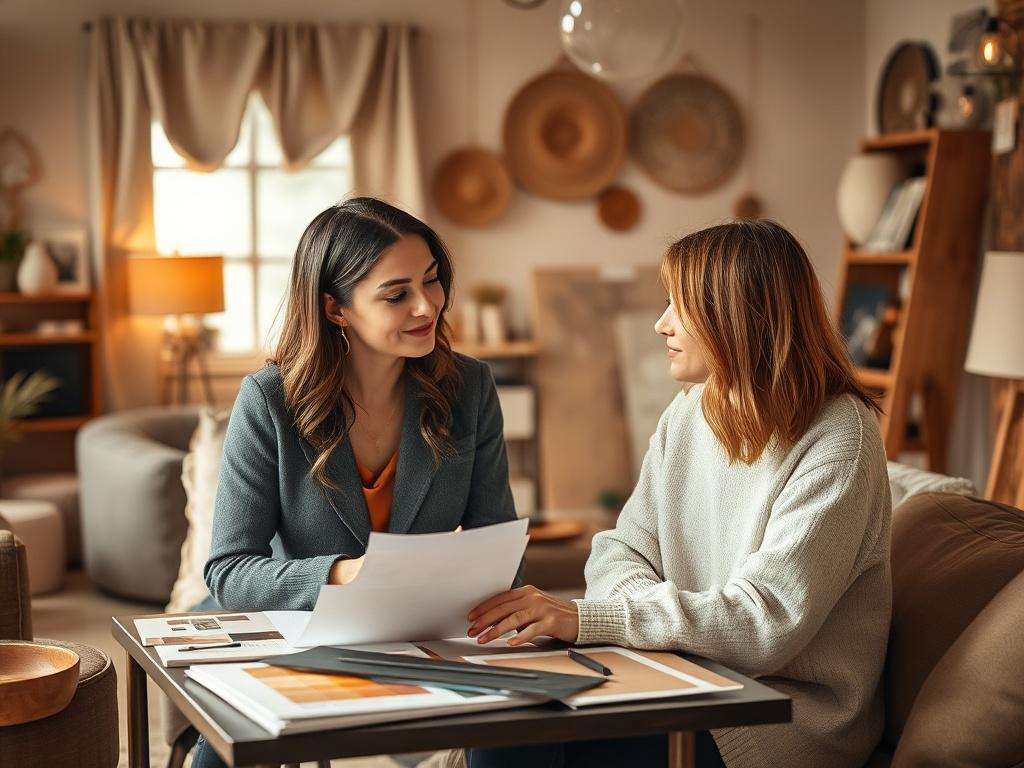 A designer and client engaged in a creative consultation, surrounded by decor samples and color palettes. The setting should feel warm and inviting, showcasing a collaborative atmosphere where ideas flow freely. The background should include various decor elements that inspire creativity and personalization.