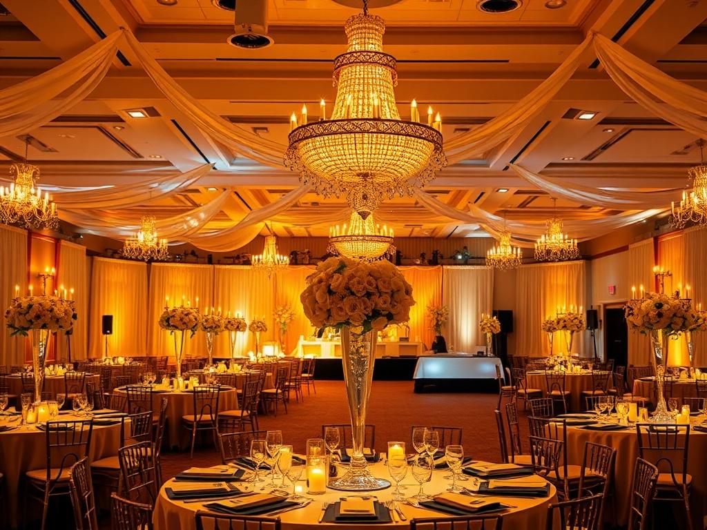 An elegantly decorated event space filled with stunning thematic decorations, featuring custom centerpieces and eye-catching lighting. The atmosphere should evoke a sense of grandeur and sophistication, showcasing a beautifully arranged setting that captivates guests. The lighting should create a warm and inviting ambiance, enhancing the overall decor.