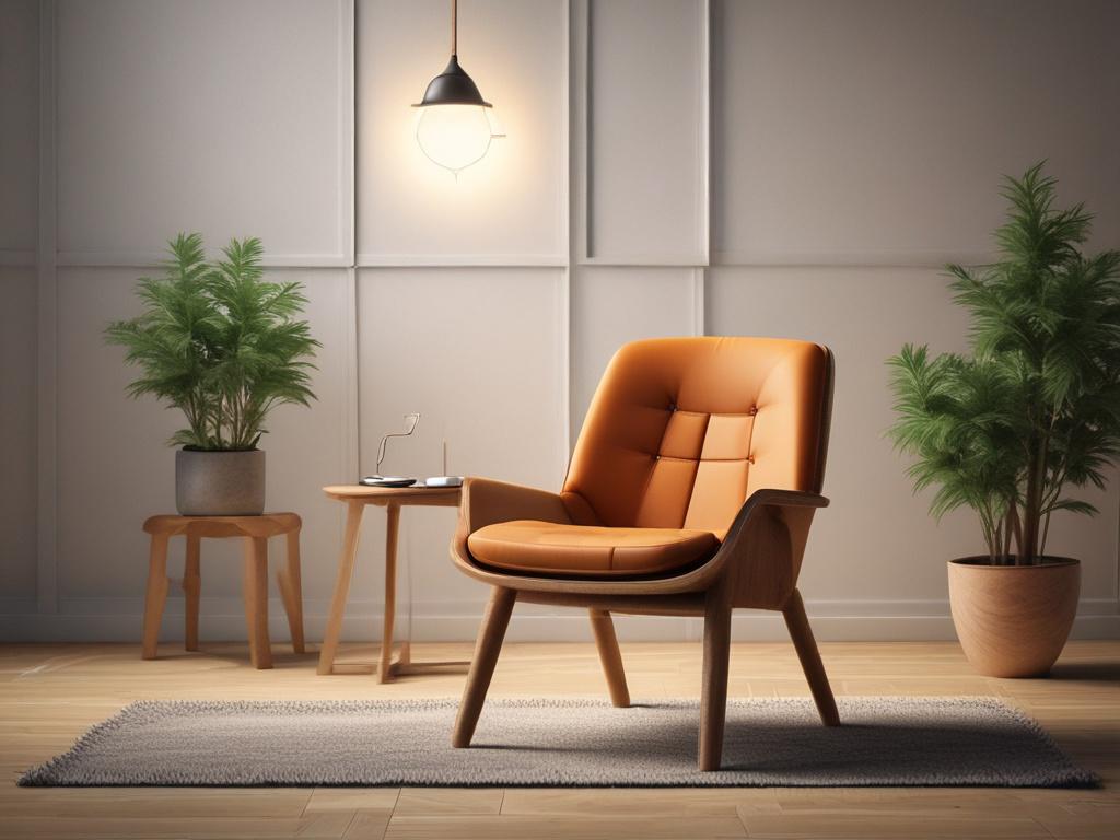 A beautifully crafted wooden chair placed in a cozy living room setting. The chair is the main subject, showcasing its intricate details and natural wood grain. The background features soft lighting and a warm color palette, enhancing the inviting atmosphere. The image is shot in hyper-realistic style with a 45mm f/1.2 lens to highlight the craftsmanship and texture of the wood.