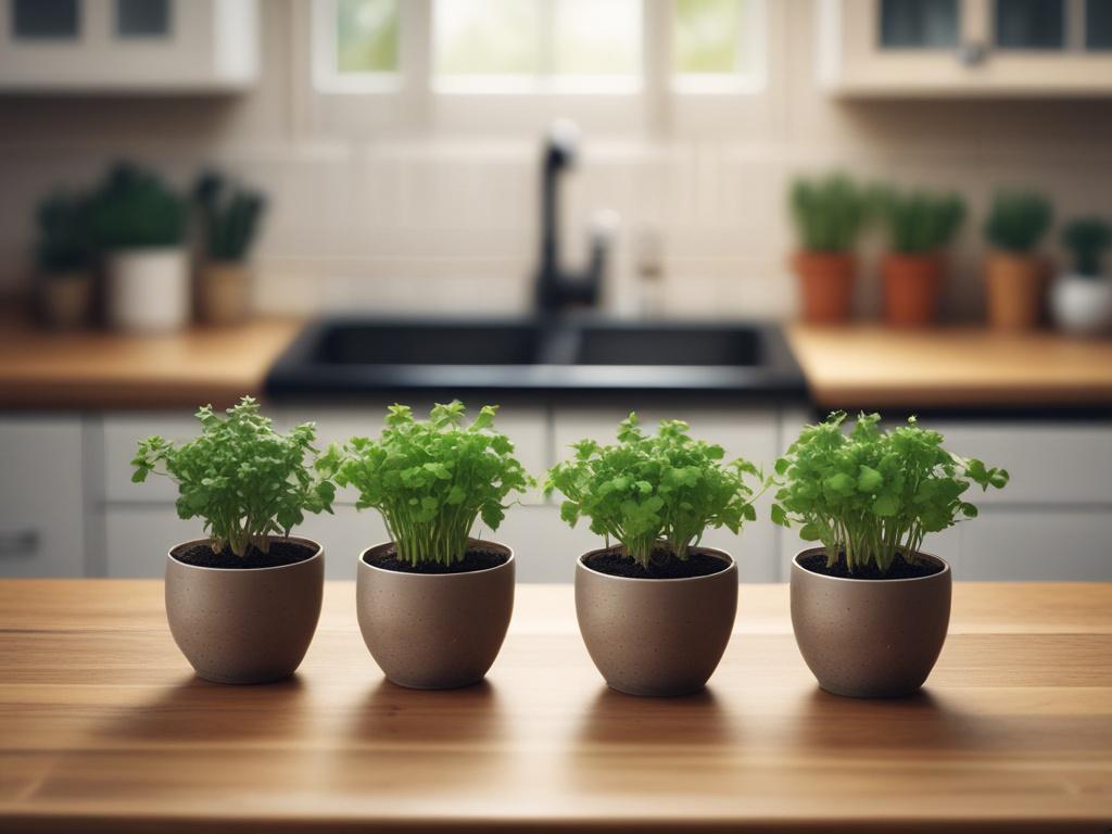A vibrant herb garden kit displayed on a kitchen counter. The kit features small pots filled with fresh soil and seeds, with green sprouts emerging. The focus is on the pots, while the kitchen background is softly blurred, showcasing a warm and inviting cooking space. The image captures the essence of home gardening in a hyper-realistic style with a 45mm f/1.2 lens.