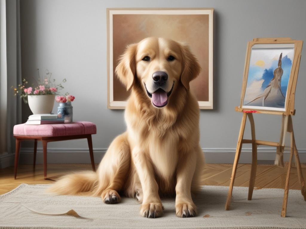 A custom pet portrait of a golden retriever displayed on an easel in a bright, airy room. The painting showcases the dog’s joyful expression and vibrant colors, surrounded by art supplies and a few playful toys. The background features soft natural light, creating an inviting and creative atmosphere. The image is captured in hyper-realistic style with a 45mm f/1.2 lens.