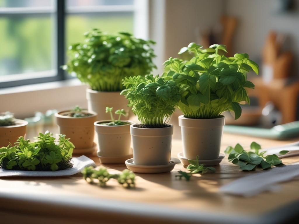 A beautifully arranged herbal garden kit displayed on a kitchen counter. The kit includes pots with vibrant green herbs like basil and mint. The background features sunlight streaming through a window, illuminating the freshness of the plants. Captured in high-resolution with a 45mm f/1.2 lens for a detailed close-up.