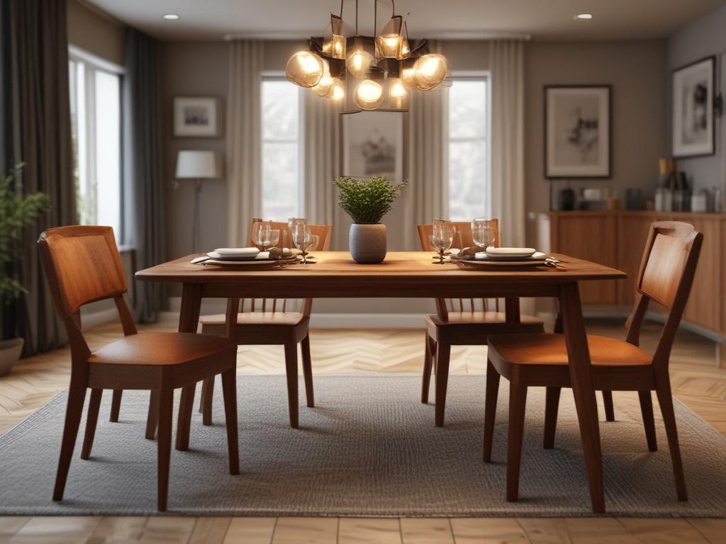 A stunning handcrafted wooden dining table set in a cozy dining room. The table showcases rich wood grains and intricate details, surrounded by elegant chairs. The background features warm lighting, creating an inviting atmosphere. Shot in high-resolution with a 45mm f/1.2 lens, ensuring a close-up focus on the table's craftsmanship.