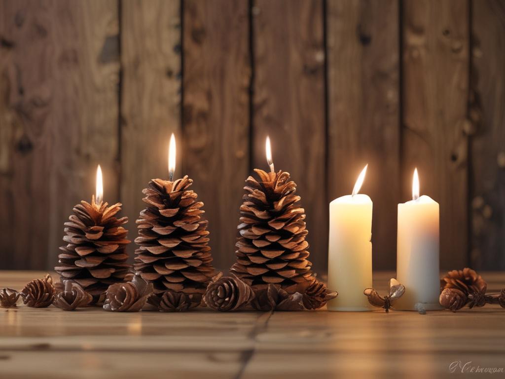 A collection of rustic decorative accents arranged on a wooden table. The display includes vintage candle holders, wall art, and natural elements like pinecones. The warm, inviting background creates a cozy vibe, captured in high-resolution with a 45mm f/1.2 lens, focusing on the intricate details of each piece.