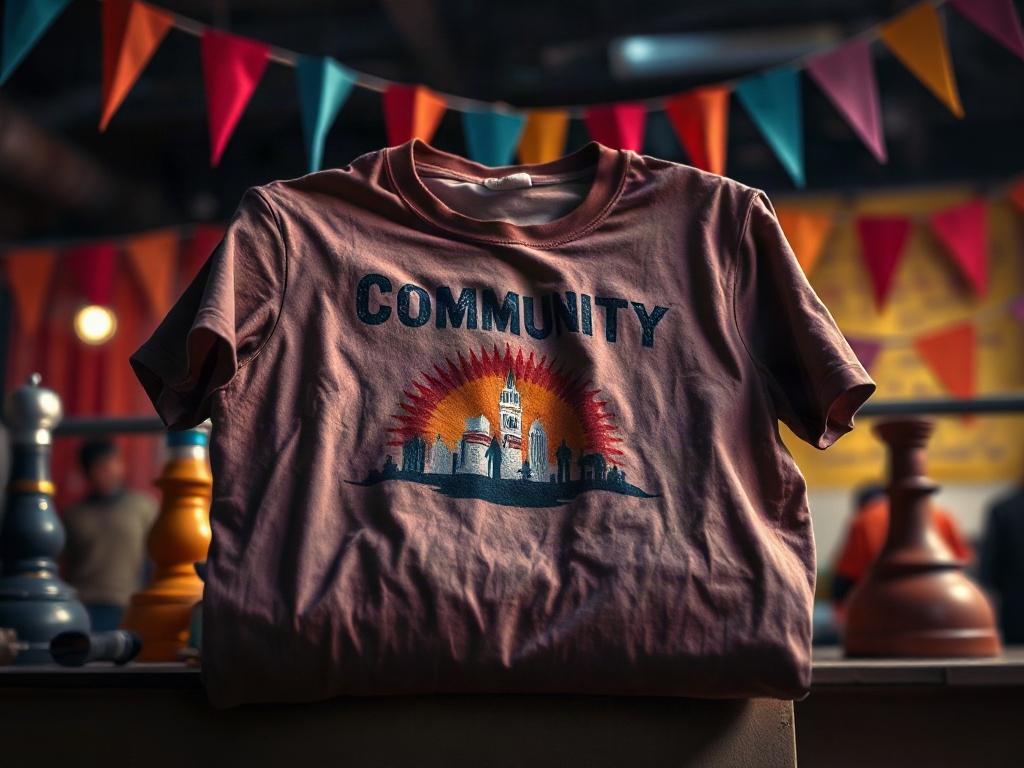 A realistic high-resolution photo of a folded T-shirt with a creative design showcasing community themes, placed on a vibrant background of community event decorations. The lighting highlights the fabric texture and colors, creating an engaging and attractive visual.