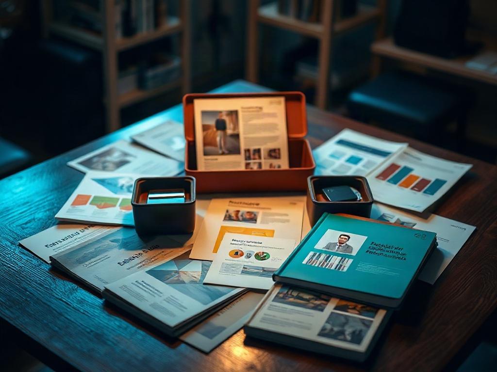 A realistic high-resolution photo of a toolkit spread out on a table, featuring colorful brochures, templates, and engagement materials. The background is softly blurred to keep the focus on the toolkit's contents, with dramatic lighting enhancing the textures and colors.