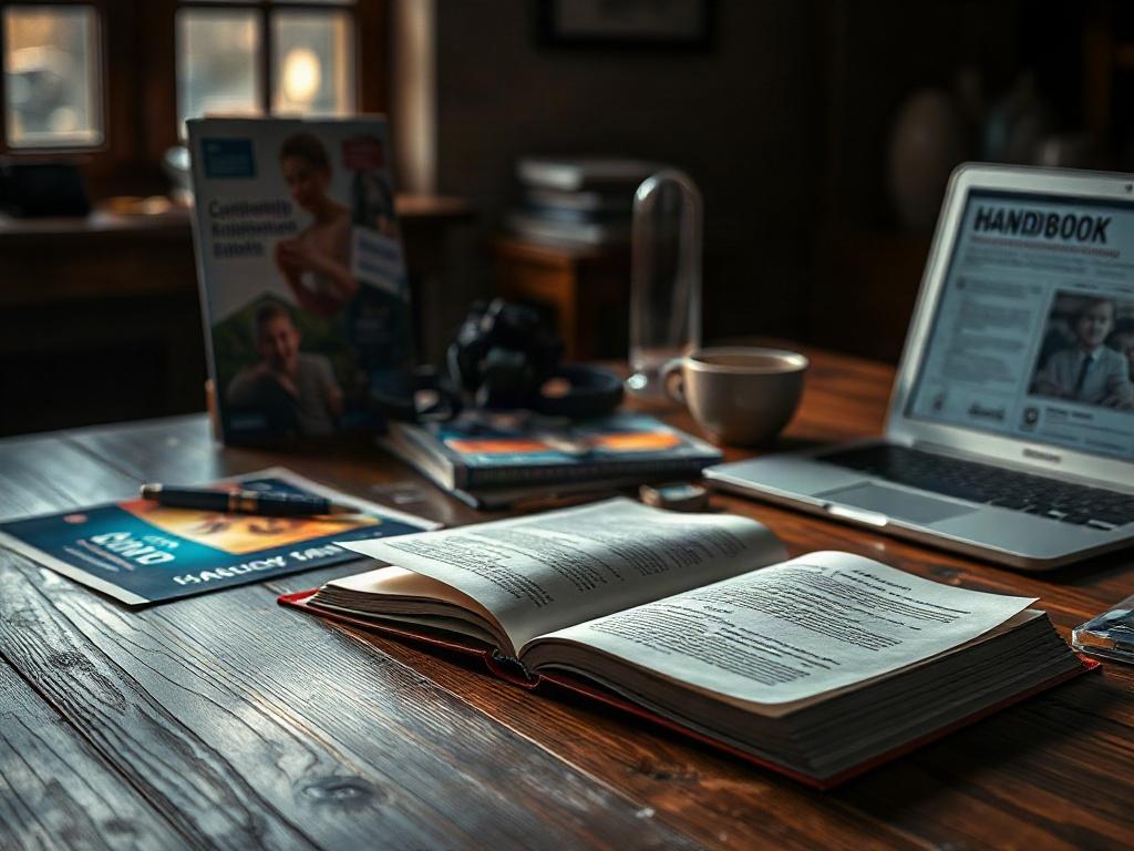 A realistic high-resolution photo of an open handbook on a wooden table, surrounded by community engagement materials such as flyers and a laptop. The scene is well-lit to create an inviting atmosphere with deep shadows and rich contrasts, emphasizing the handbook as the central focus.
