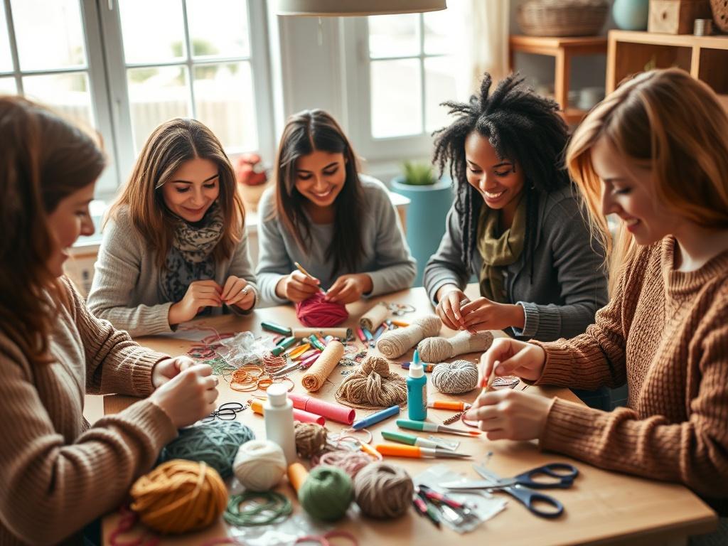 A close-up shot of a group of diverse women engaged in crafting activities. They are sitting around a table filled with various craft supplies like yarn, scissors, and glue. The atmosphere is warm and inviting, with bright natural light coming from a window. Each woman is focused on her craft, showcasing joy and creativity. The background is softly blurred to emphasize the women and their activities, while maintaining a cozy, homely feel.
