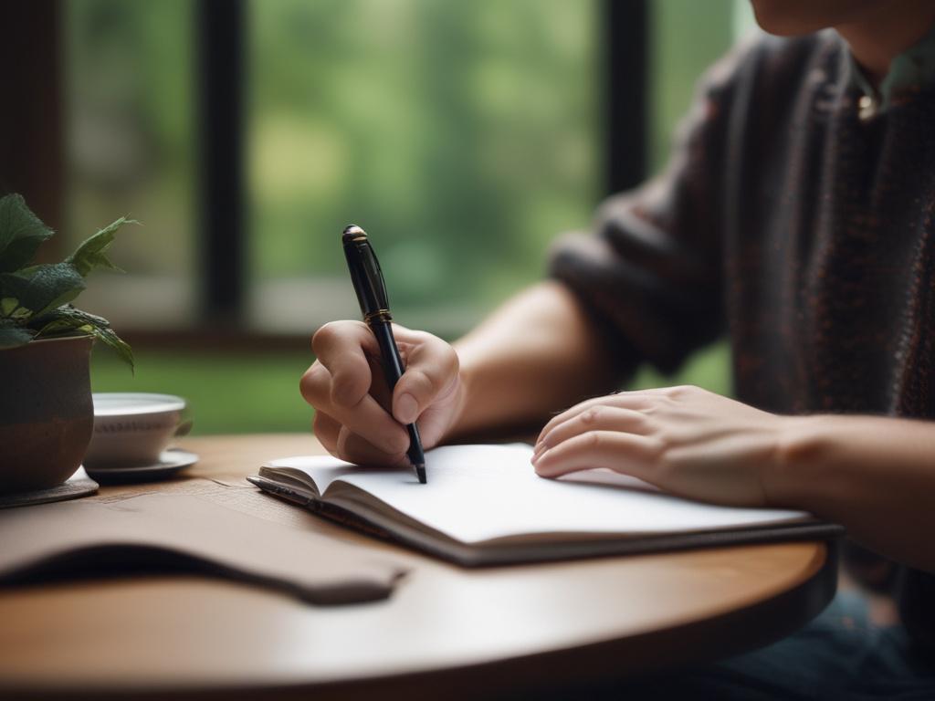 A close-up shot of a person writing in a journal, with a thoughtful expression, surrounded by cozy, inviting surroundings that reflect a sense of introspection, captured in hyper-realistic style using a 45mm f/1.2 lens.