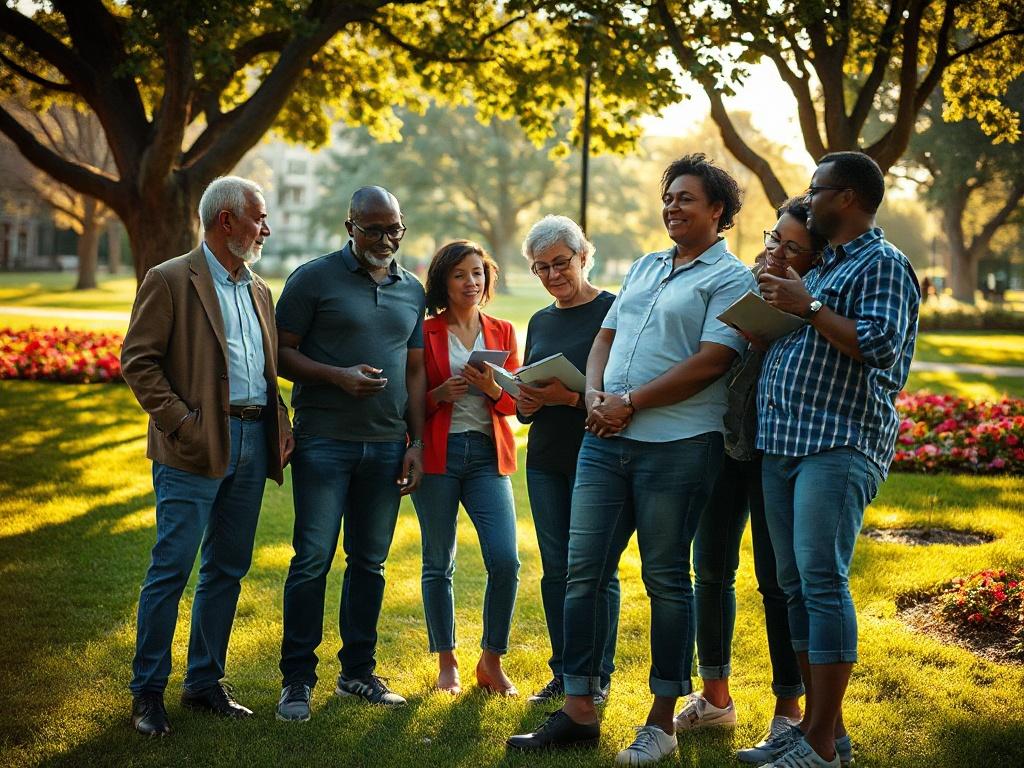 Create a highly detailed and realistic high-resolution image that embodies the theme of "Community Resilience Strategies." The composition should feature a single, central subject: a diverse group of six community members standing together in a park, sharing ideas and collaborating. The individuals should represent various ages, ethnicities, and backgrounds, emphasizing unity and strength in diversity.

The setting is a vibrant community park with lush green grass and colorful flower beds in the background.