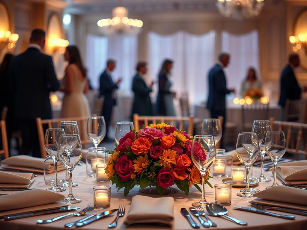 A close-up shot of a beautifully set dining table, elegantly decorated for a formal event. The table features exquisite tableware, soft ambient lighting, and a centerpiece of vibrant flowers. In the background, there are blurred silhouettes of attendees mingling, dressed in formal attire, creating a warm and inviting atmosphere. The colors are rich and deep, reflecting the primary color rgba(115, 30, 38, 1). The image captures the essence of a special awards night, celebrating veterans and community achievements.