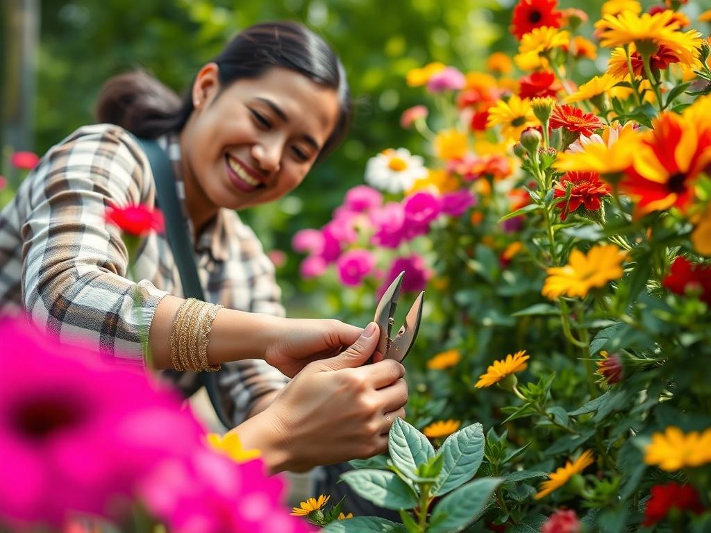 A close-up shot of a volunteer tending to a colorful flower garden, smiling as they prune plants. The background features lush greenery and vibrant flowers in full bloom. The image is bright and inviting, capturing the essence of community gardening. The focus is sharp on the volunteer, showcasing their hands in action, surrounded by a rich display of colors. The composition should be simple and clear, highlighting the joy of gardening.
