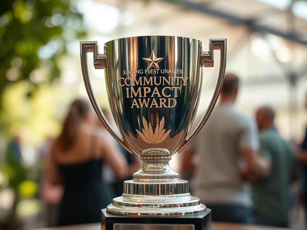 A close-up shot of a gleaming Community Impact Award trophy, set against a blurred background of a lively community event. The trophy should be the central focus, showcasing intricate details and a reflective surface. The surrounding atmosphere should convey a sense of community, with hints of people and greenery softly blurred to create an inviting background. The image should have warm lighting, enhancing the trophy's brilliance and symbolizing community spirit.