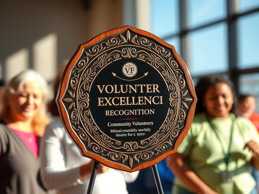 A close-up shot of the Volunteer Excellence Recognition plaque, elegantly designed with intricate patterns. The plaque should be prominently displayed, with a soft-focus background of community volunteers engaged in various activities. The image should convey a sense of warmth and appreciation, with natural lighting enhancing the plaque's details and colors. The volunteers in the background should be depicted as diverse and enthusiastic, reflecting the spirit of teamwork and community service.