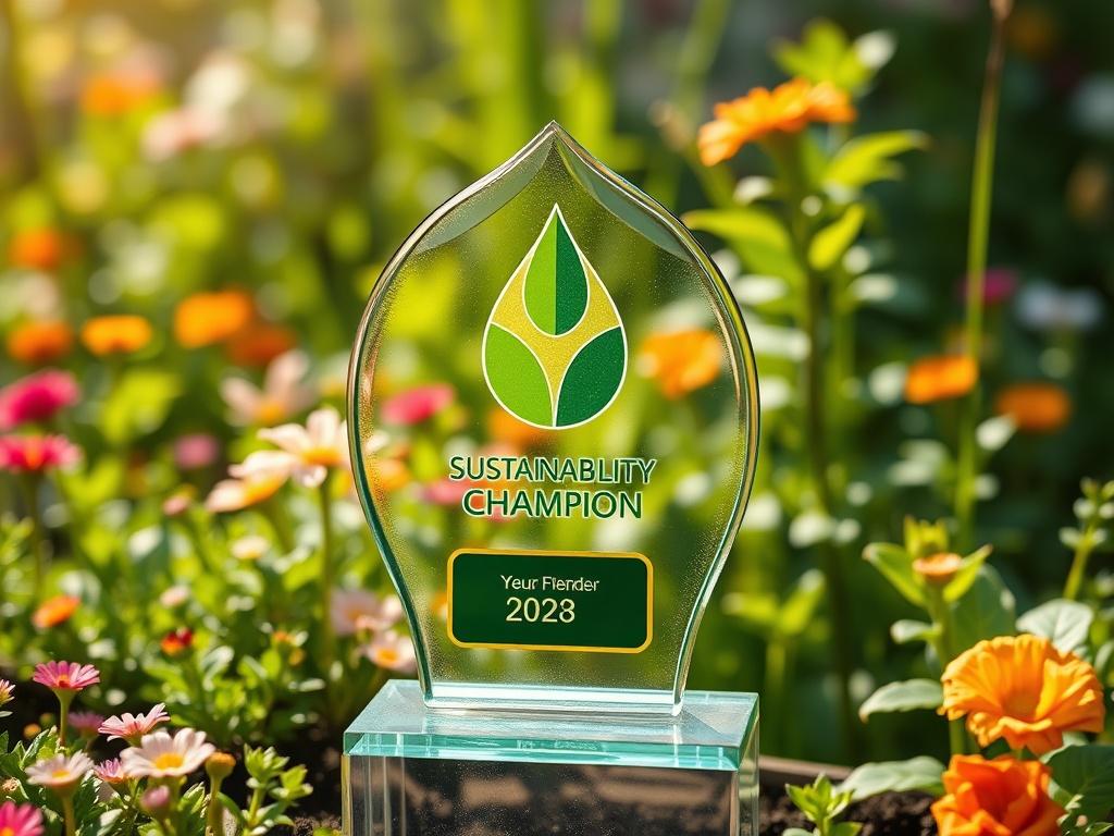 A close-up shot of the Sustainability Champion Award, featuring a green-themed design symbolizing eco-friendliness. The award should be displayed prominently, with a blurred background of a community garden filled with vibrant plants and flowers. The image should evoke a sense of harmony with nature, with soft natural light highlighting the award's features and the lush greenery behind it, representing the community's commitment to sustainability.