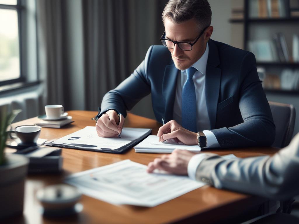 A focused investment advisor sitting at a desk, reviewing financial