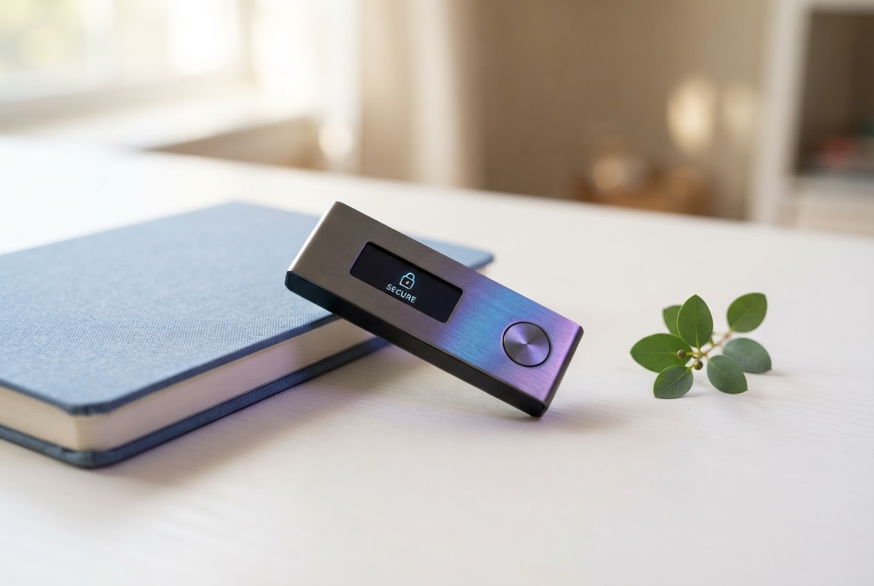 A hardware wallet device on a bright desk, illustrating a careful first-time setup