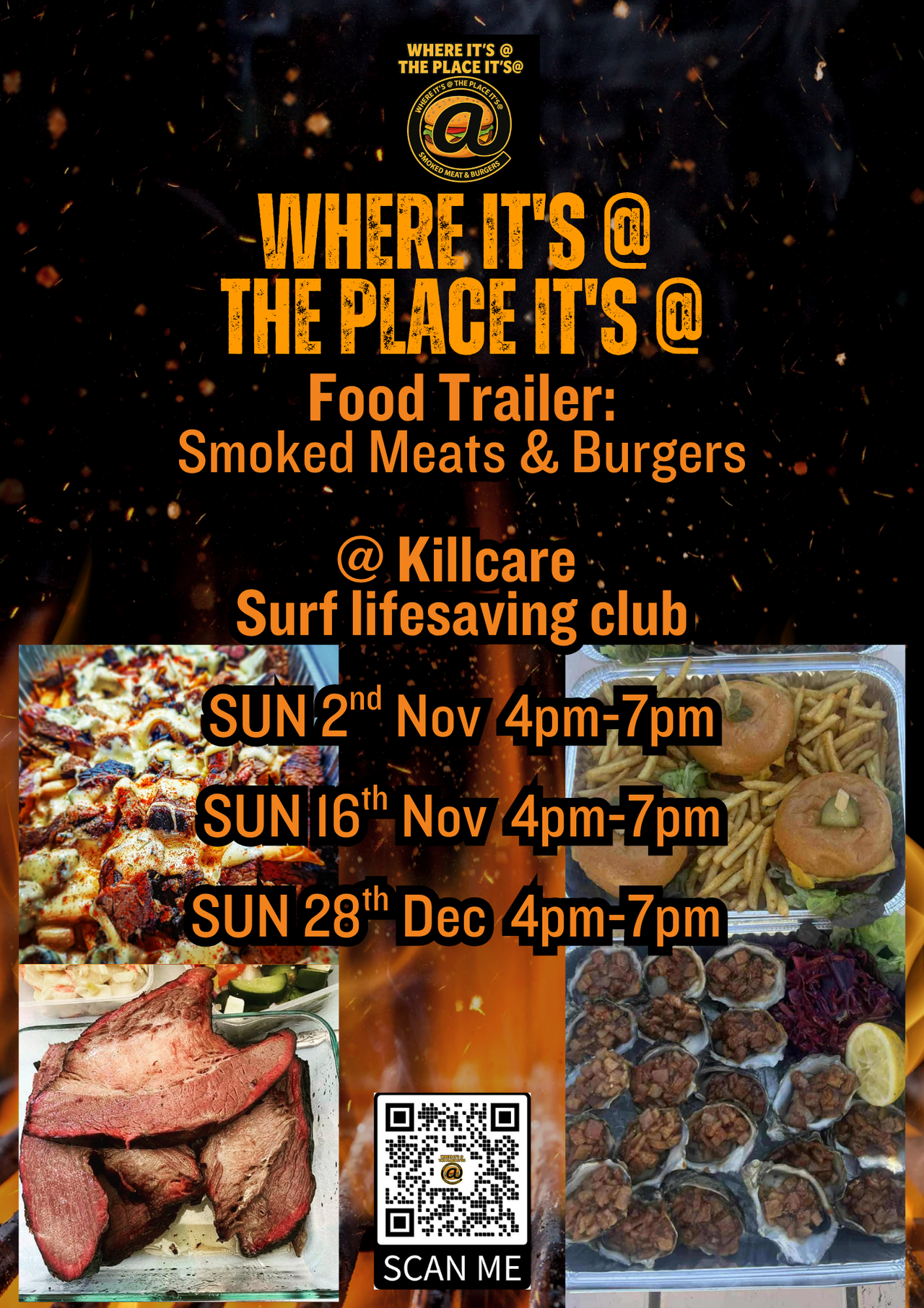 flame grilled burger bbq style for fast food, delivery and food truck black realistic flames flyer(4).png