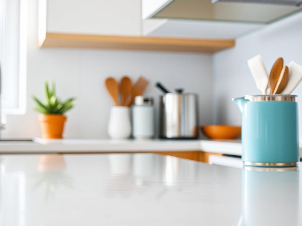 A close-up shot of a sparkling clean kitchen counter with a focus on shiny surfaces. The background should be simple and uncluttered, highlighting the cleanliness of the area. The lighting should be bright, showcasing the freshness and shine of the cleaned surfaces, captured with a 45mm f/1.2 lens for a hyper-realistic effect.
