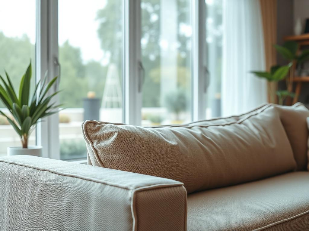 A close-up shot of a freshly cleaned living room with a focus on a plush sofa and clean window panes. The background should show a well-maintained space with natural light streaming in. The photo should highlight the freshness of the upholstery and the clarity of the windows, taken with a 45mm f/1.2 lens for vivid details.