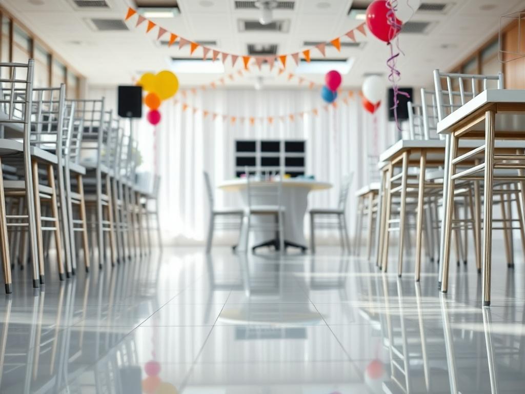 A close-up shot of a clean and organized event space after a party. The scene includes neatly stacked chairs and tables, a gleaming floor, and a few decorative elements like balloons and streamers that hint at a recent celebration. The lighting is bright, emphasizing the cleanliness and order of the space. The overall mood is fresh and inviting, showcasing the effectiveness of a clean-up service.