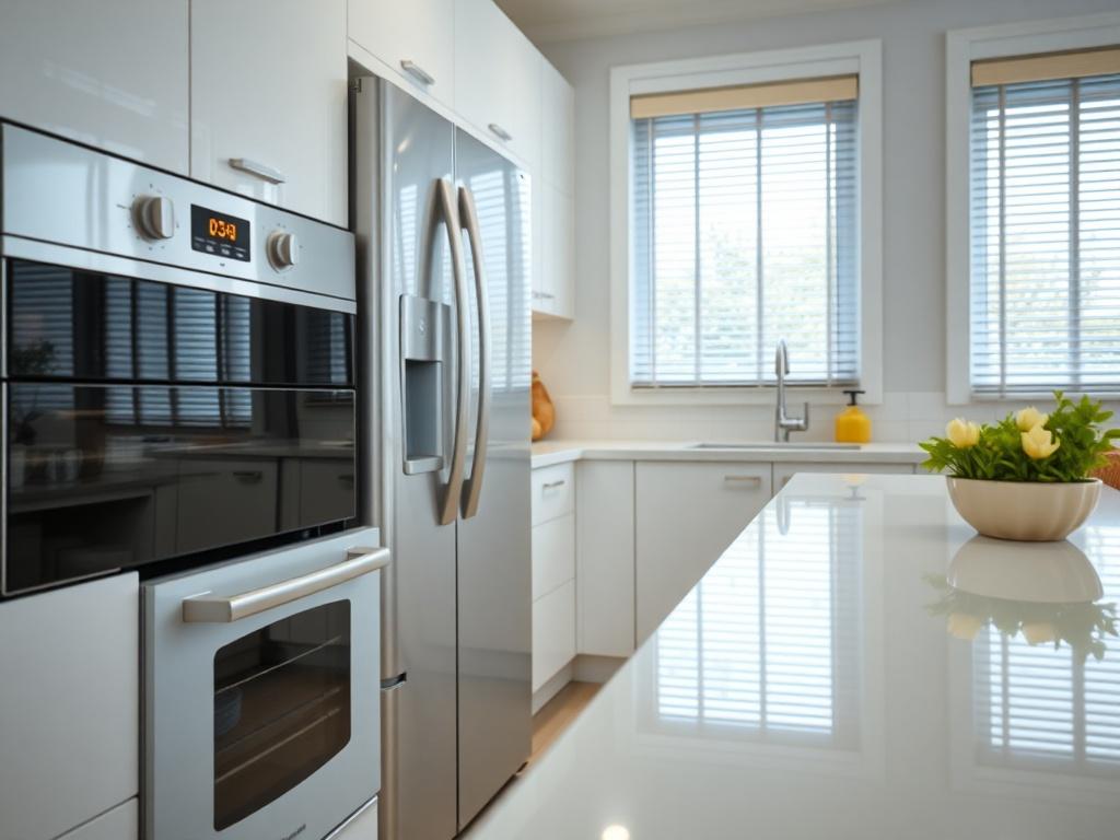 A hyper-realistic close-up shot of a sparkling clean kitchen, showcasing a polished oven and refrigerator, gleaming countertops, and immaculate walls and blinds. The lighting should highlight the cleanliness and shine of the surfaces, with a focus on a single area of the kitchen that exemplifies the deep cleaning effect. The background should be blurred slightly to maintain focus on the shiny surfaces.