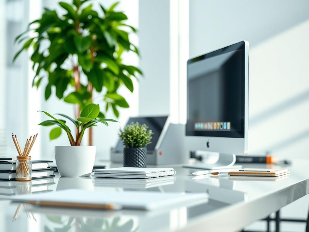 A hyper-realistic close-up shot focusing on a sparkling clean office desk with neatly organized supplies, a computer, and a green plant. The background should be softly blurred, enhancing the freshness and cleanliness of the workspace. The image should capture the essence of a pristine office environment with natural light streaming in, reflecting off the polished surfaces.