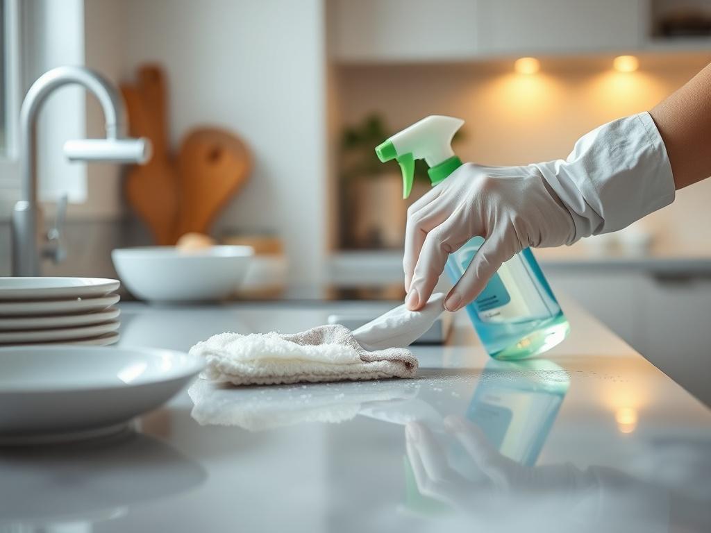 A hyper-realistic close-up shot of a professional cleaner using eco-friendly products to deep clean a kitchen countertop. The image should focus on the cleaner's hands as they scrub the surface, with sparkling clean dishes in the background. The kitchen should be bright and inviting, showcasing a modern, tidy space. The lighting is warm and natural, emphasizing cleanliness and freshness, with a soft bokeh effect in the background.