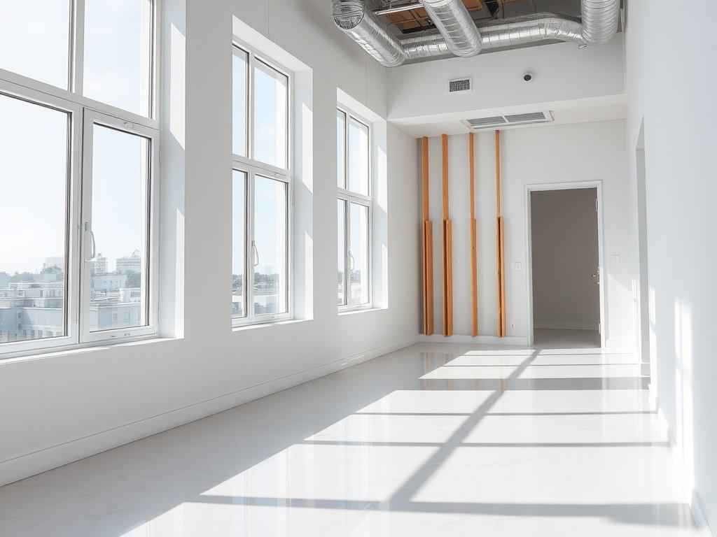 A hyper-realistic close-up shot of a freshly cleaned room after construction, showing pristine surfaces, clear windows, and a sense of newness in the space. The image emphasizes the thoroughness of a post-construction cleaning service.
