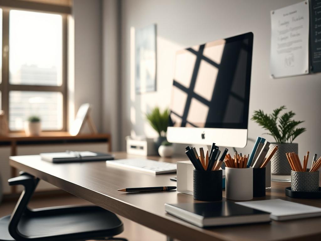 A close-up shot of a modern office desk with a meticulously organized workspace, including a clean computer screen and neatly arranged stationery. Soft natural light filters through a nearby window, highlighting the cleanliness and professionalism of the space.