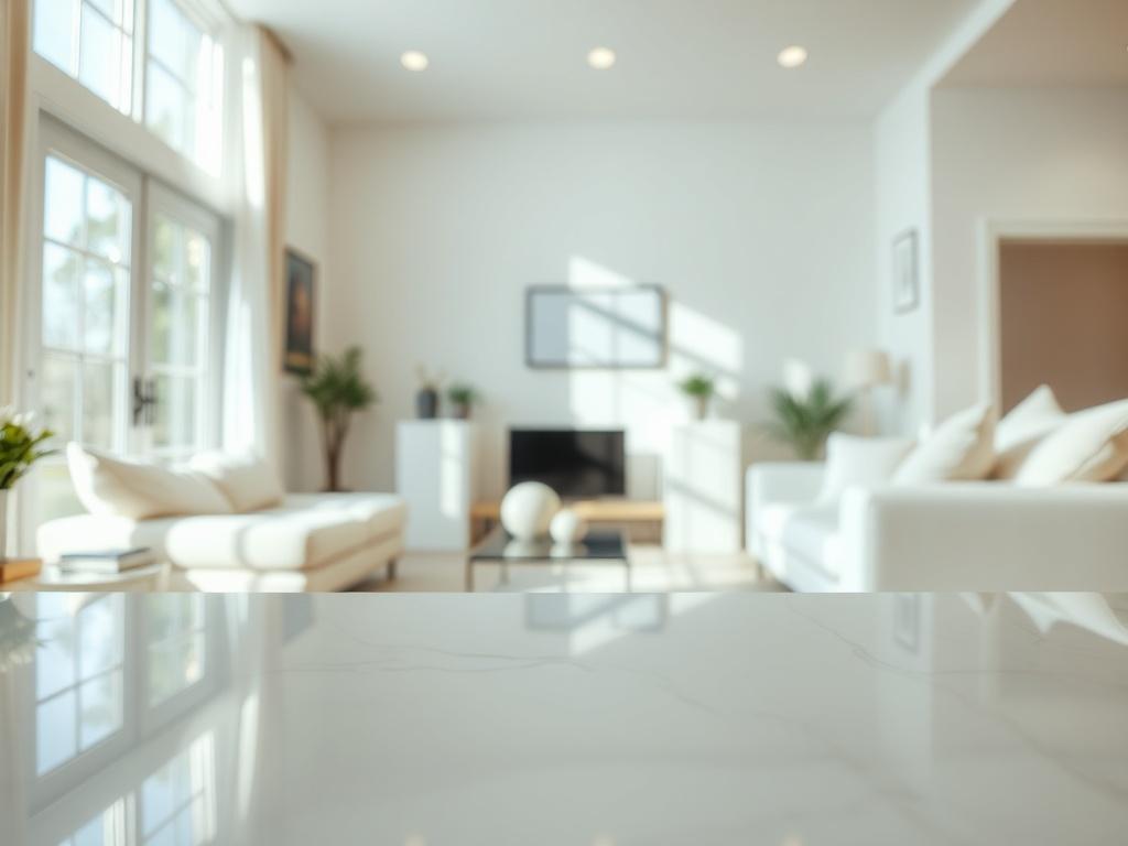 A close-up shot of a bright, clean living room showcasing gleaming surfaces and neatly arranged furniture. The background features soft, natural light illuminating the space, emphasizing cleanliness and comfort. The composition highlights the pristine environment, inviting warmth and tranquility.