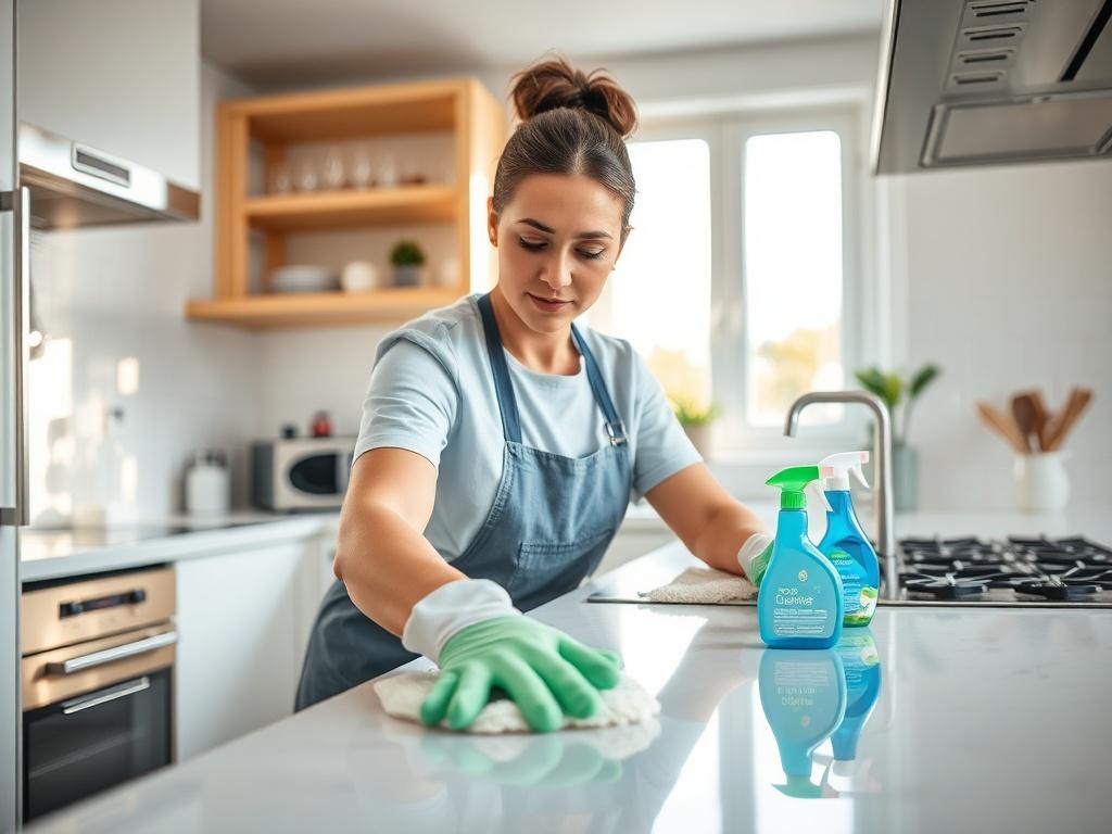 A hyper-realistic close-up shot of a professional cleaner in a bright, modern kitchen, meticulously wiping down countertops with eco-friendly cleaning products. The scene captures the cleaner's focused expression, showcasing their attention to detail. The background features gleaming appliances and a well-organized kitchen space, with natural light streaming in through a window, creating a warm and inviting atmosphere.