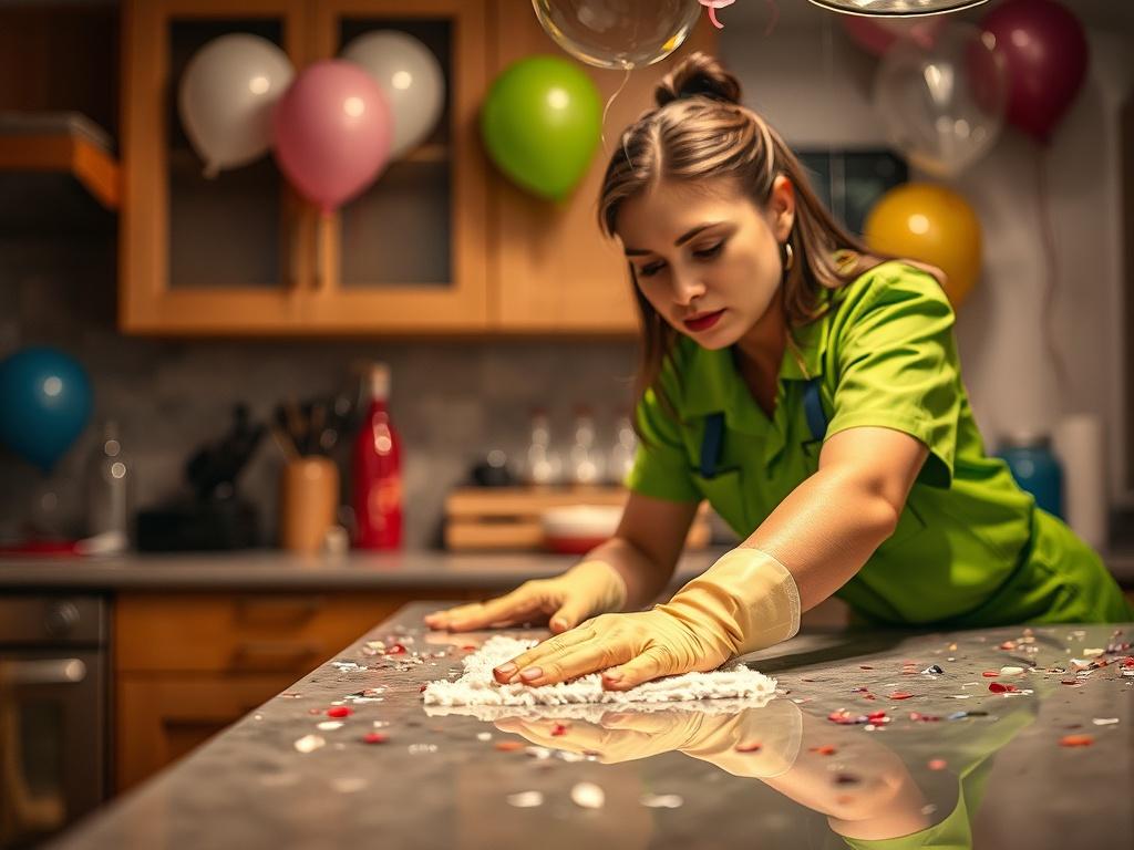 A hyper-realistic close-up shot of a professional cleaner in action, focused on scrubbing a kitchen countertop post-party. The background shows remnants of a celebration with balloons and confetti. The cleaner is wearing a bright green uniform, showcasing the brand color rgb(50, 170, 39). The image is shot with a 45mm f/1.2 lens, emphasizing the cleaner's focused expression and the shiny countertop.