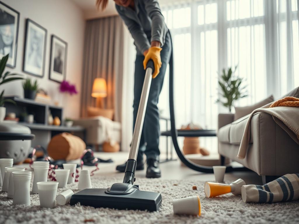 A close-up shot of a professional cleaner in action, wearing gloves and using a vacuum cleaner in a stylish, modern living room after a party. The room is cluttered with empty cups and decorations from the party, and the cleaner is focused on ensuring a clean space. The background should be a bright, well-lit environment that conveys a sense of cleanliness and order. The image should reflect a hyper-realistic style, with a focus on the cleaner and the vacuum, shot with a 45mm f/1.2 lens.