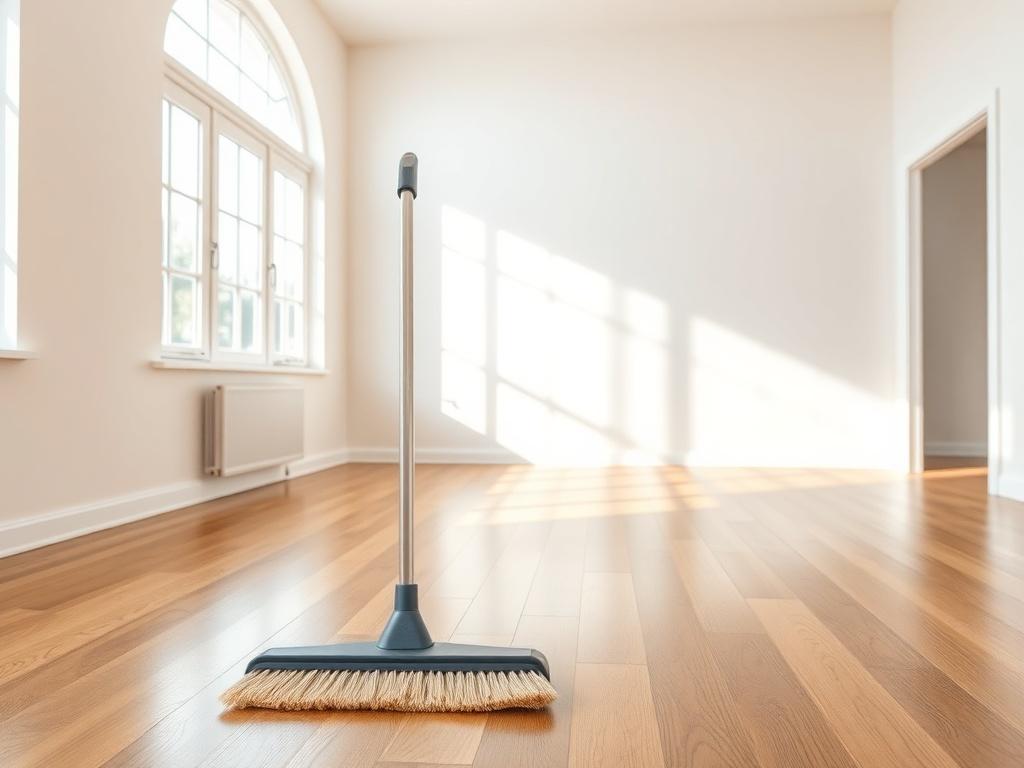 A hyper-realistic close-up shot of a clean, empty living room after a move-out cleaning. The room features polished hardwood floors, freshly cleaned windows letting in natural light, and a spotless white wall. A single, neatly arranged cleaning tool is placed in the foreground, emphasizing the thoroughness of the cleaning process. The background is simple and uncluttered, highlighting the pristine condition of the room, shot with a 45mm f/1.2 lens.