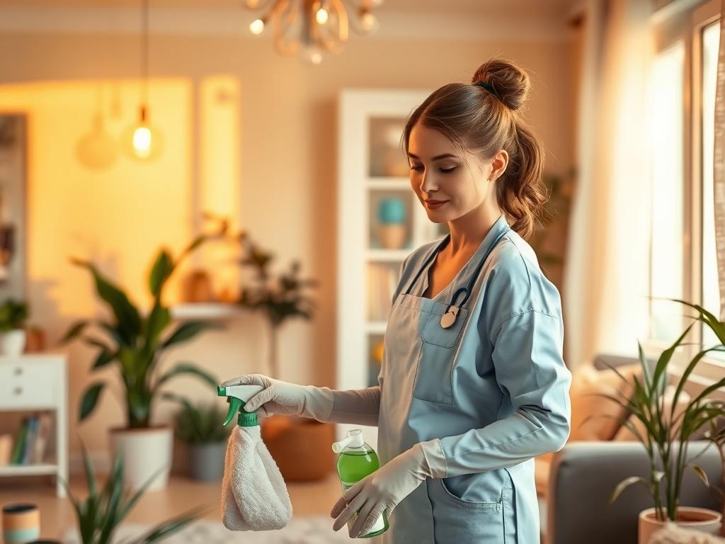 A serene cleaning scene featuring a professional cleaner in soft