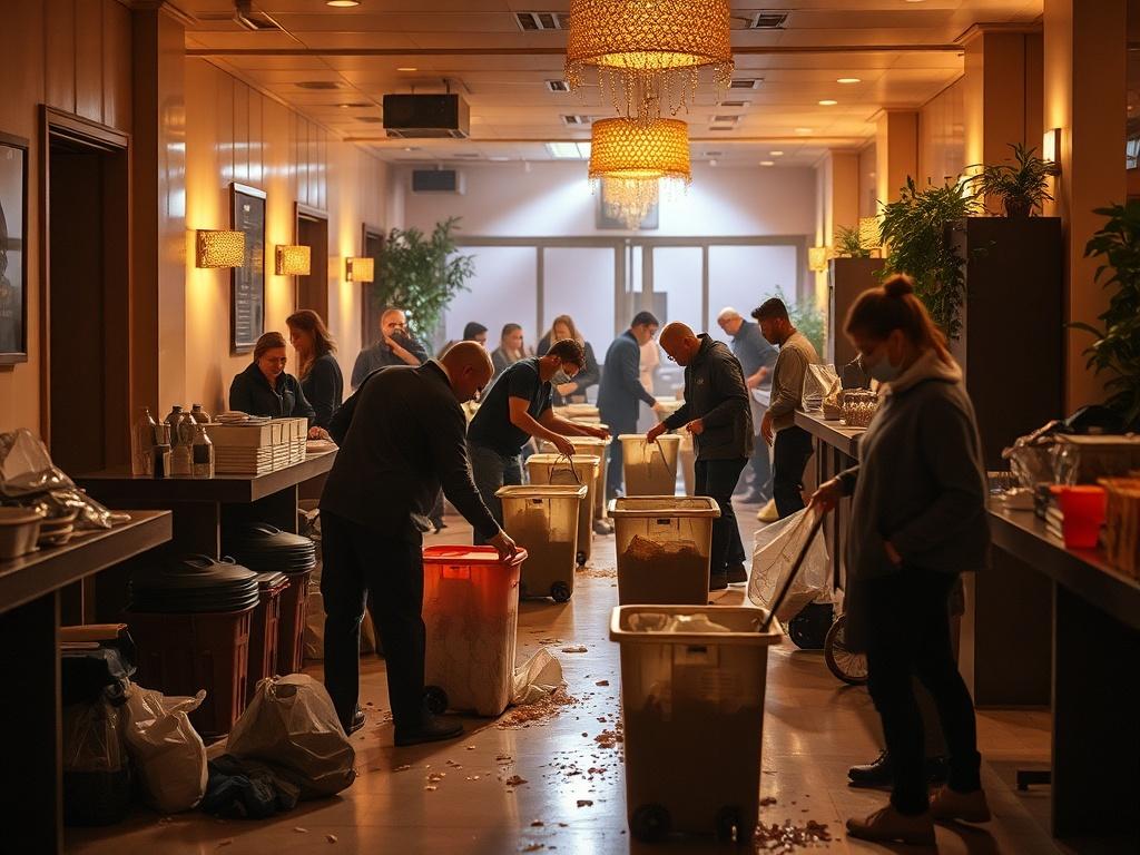 A lively post event scene with a clean up crew