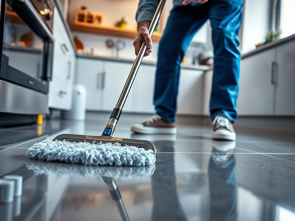 A close-up shot showcasing a professional cleaner in action, scrubbing a kitchen floor with a focus on the gleaming surface and attention to detail. The background highlights a clean and organized kitchen environment, captured with a 45mm f/1.2 lens.