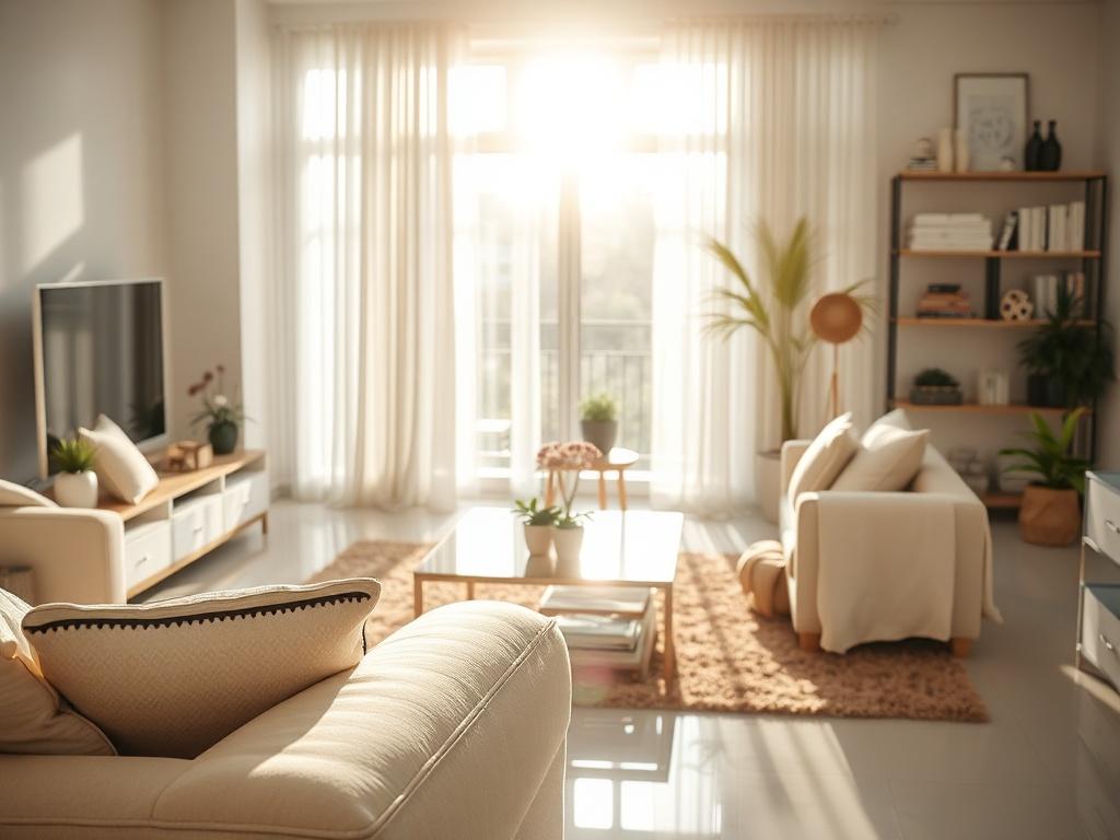 A close-up shot of a sparkling clean living room with well-organized furniture and bright sunlight streaming through the windows, highlighting the freshness of the space. The focus should be on the shiny surfaces, clean floors, and a cozy atmosphere, captured with a 45mm f/1.2 lens.