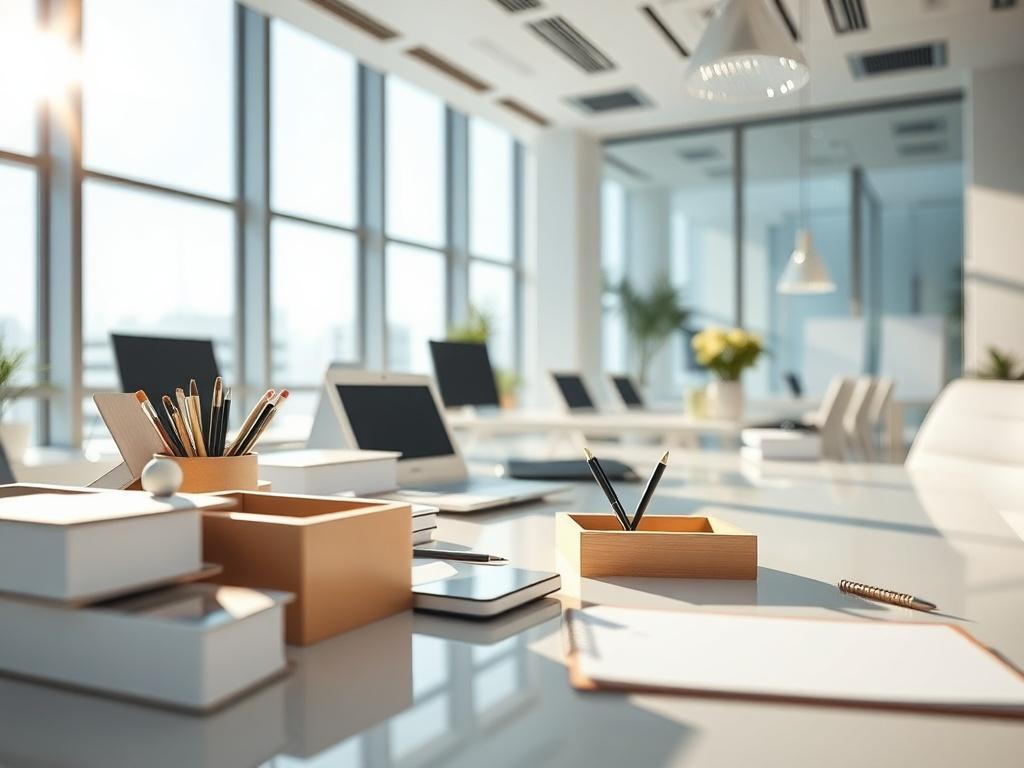 A hyper-realistic close-up of a pristine office environment, showcasing a clean desk with organized stationery, polished surfaces, and a bright atmosphere. Sunlight shines through large windows, emphasizing the cleanliness and professionalism of the space, captured with a 45mm f/1.2 lens.