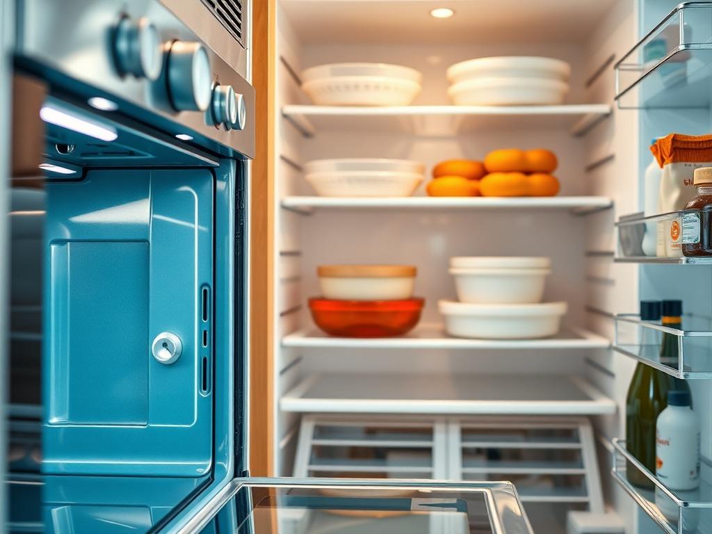 A hyper-realistic close-up shot of a beautifully organized kitchen, showcasing a sparkling clean oven and sanitized refrigerator shelves. The composition should focus on the shiny surfaces and cleanliness of the appliances, with natural light highlighting the details. The background should be blurred to emphasize the cleanliness of the kitchen appliances. The image should evoke a sense of freshness and order, inviting viewers to experience the cleanliness that Sabrinassparkleandshine provides.