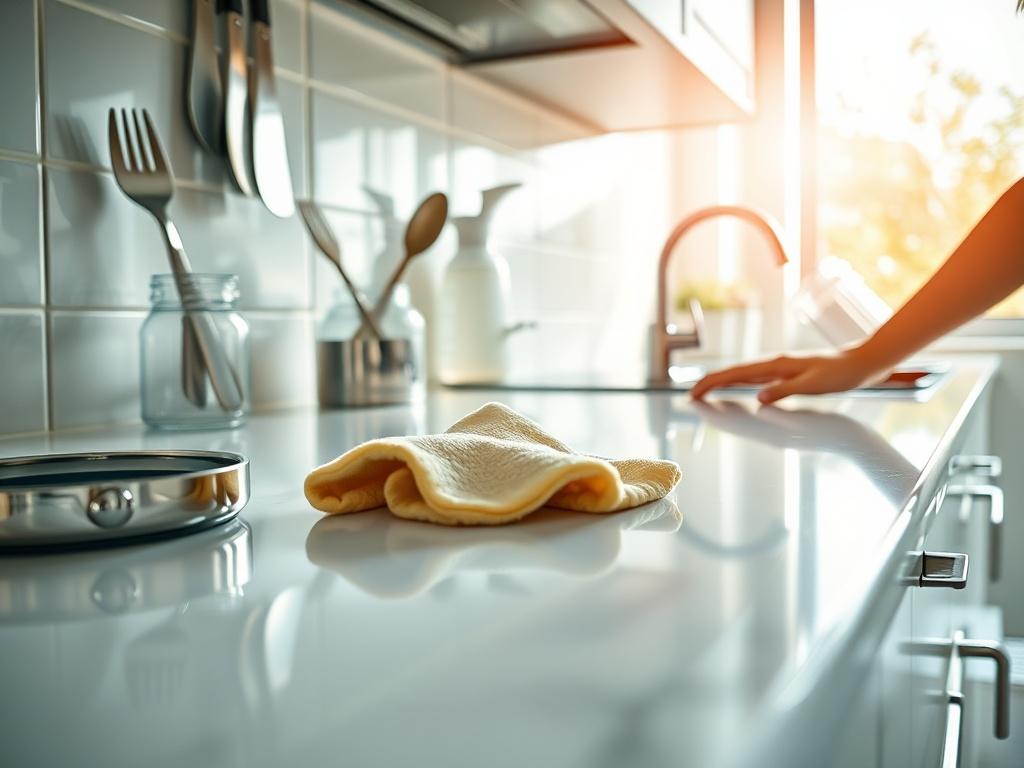 A close-up shot of a sparkling clean kitchen countertop, showcasing shiny surfaces and organized utensils. The image highlights a person using a cloth to polish a surface, emphasizing the thoroughness of the deep cleaning process. Bright, natural light casts a warm glow, creating an inviting atmosphere in the kitchen.