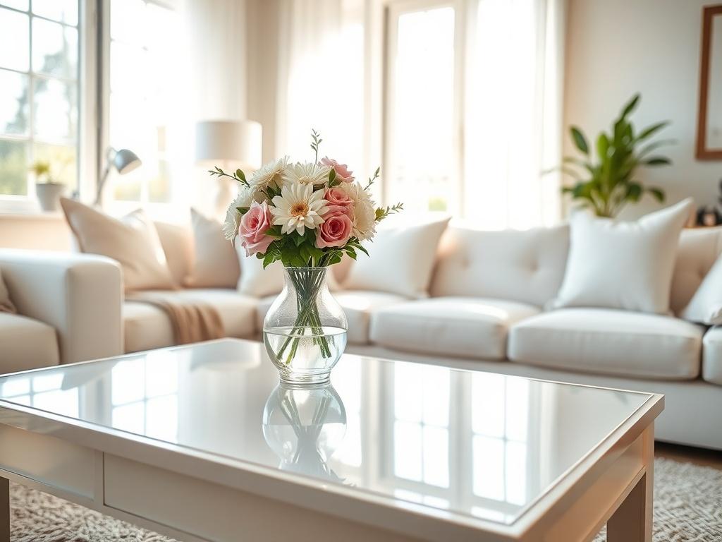 A clean and tidy living room with sunlight streaming through the windows, showcasing pristine furniture and organized decor. The focus is on a sparkling coffee table with a vase of fresh flowers, surrounded by a cozy couch and neatly arranged pillows. The room is well-lit, highlighting the cleanliness and inviting atmosphere, with a soft color palette and simple, elegant furnishings.