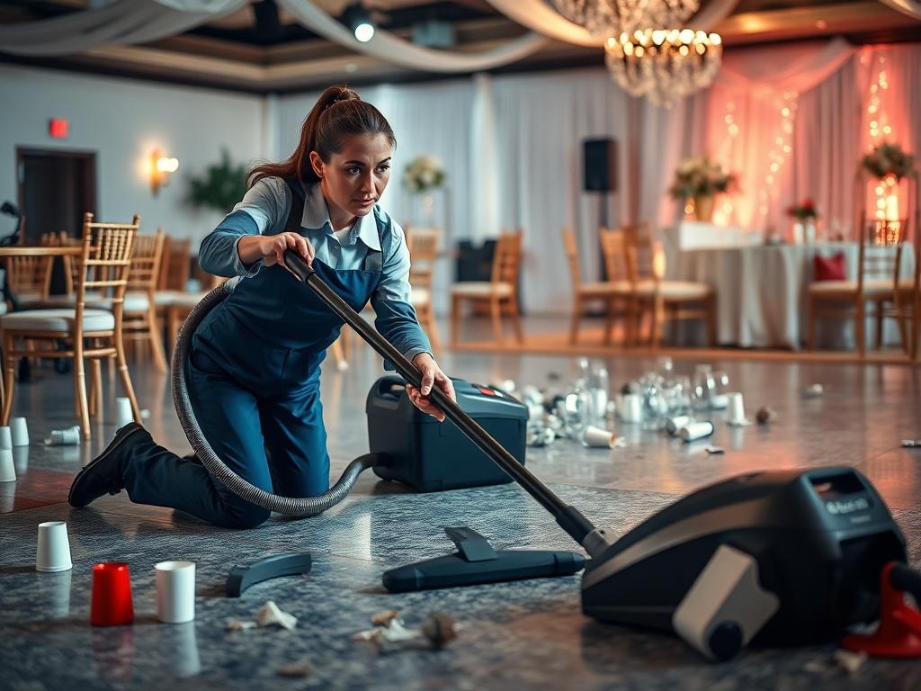 A professional cleaner in uniform, kneeling on the floor with a vacuum cleaner, surrounded by scattered chairs and empty cups after an event. The background shows a beautifully decorated event space with soft lighting and remnants of decorations. The composition focuses on the cleaner actively working, highlighting the effort and care put into restoring the venue. The image is shot in hyper-realistic style, emphasizing details like the cleaner's focused expression and the textures of the floor.