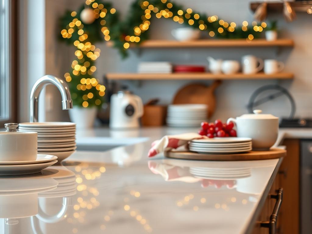 A hyper-realistic close-up shot of a spotless kitchen countertop after a festive event cleanup, showcasing gleaming surfaces, organized dishes, and a clean ambiance. The background should be softly blurred to emphasize the countertop and its immaculate condition, with a color scheme complementing rgb(3, 125, 201).