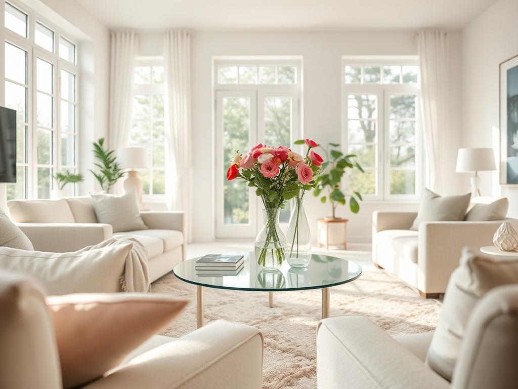 A hyper-realistic close-up shot of a sparkling clean living room, showcasing a bright and airy atmosphere. The focus is on a neatly arranged coffee table with a vase of fresh flowers, surrounded by clean, well-organized furniture. Natural light streams in through large windows, illuminating the pristine setting. The color palette should be soft and inviting, enhancing the feeling of cleanliness and comfort. Shot with a 45mm f/1.2 lens.